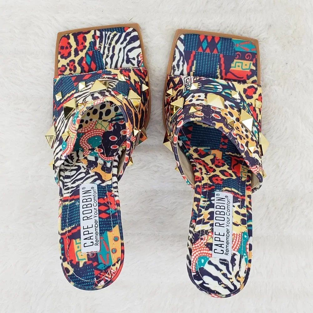 Popo Slip On Sqaure Open Toe High Heels Clogs Mules Slides  multi Color Print - Picture 8 of 9